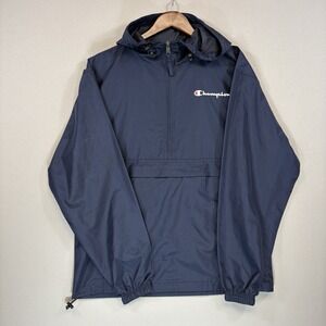 Champion Men's Navy Blue Windbreaker Rain Jacket Hooded Pullover Half‎ Zip Small